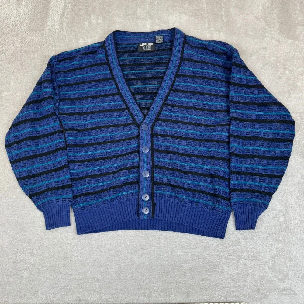 Vintage 90s Anchor Blue Cardigan Sweater Mens M Preowned Striped Knit‎ Preppy